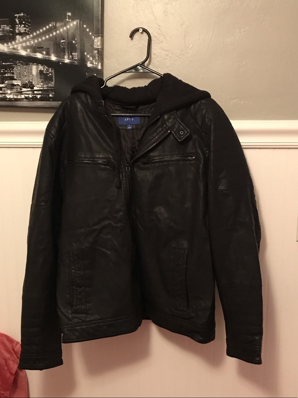 Apt. 9 Black Leather Bomber Jacket with Hood